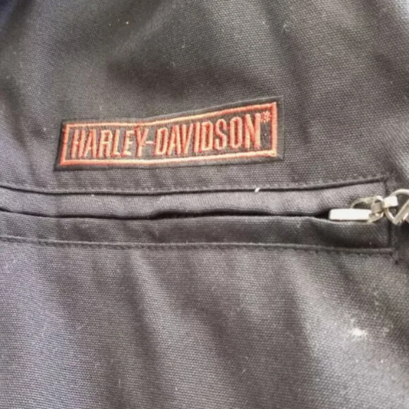 Harley-Davidson Black Canvas Jacket Flames Logo Size Large Zip Pockets - Picture 12 of 16